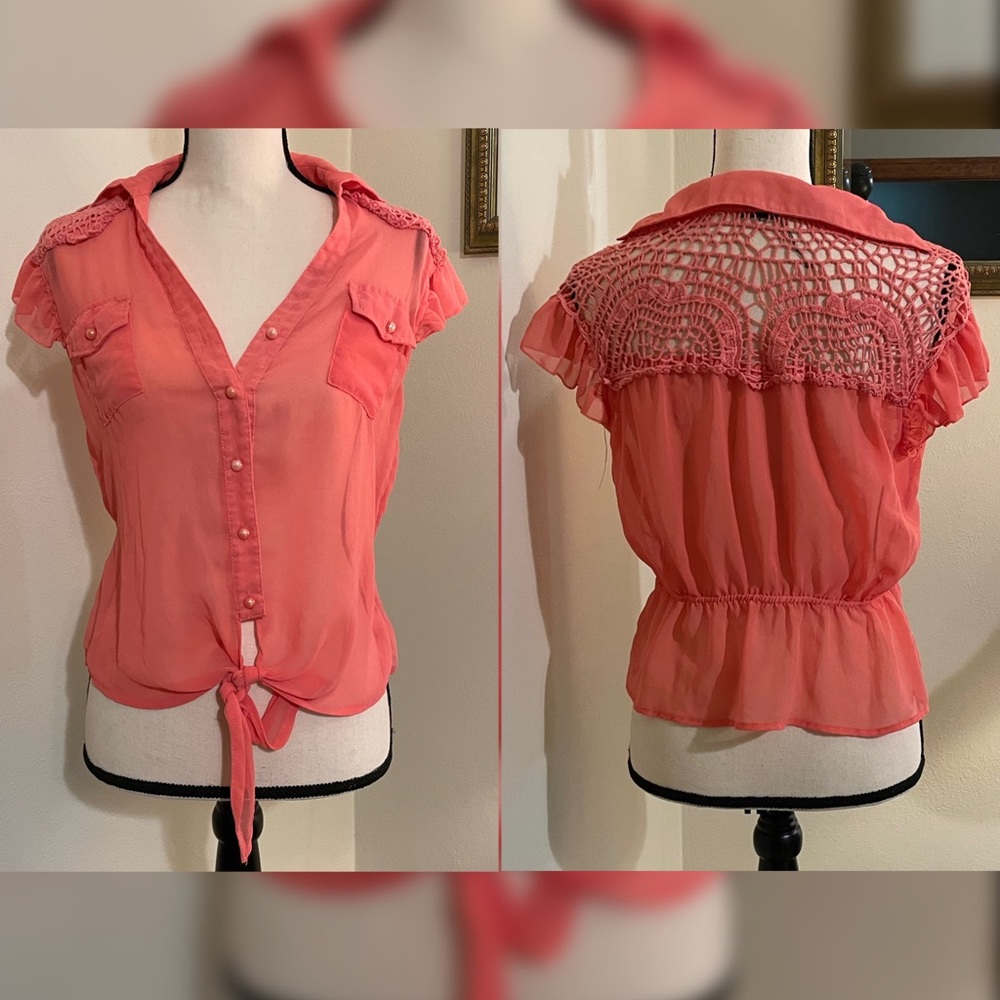 Women’s See Through Mesh Cut-Out Tie Front Blouse